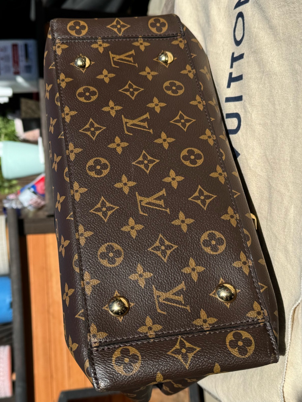 Louis Vuitton Brown Monogram Canvas Tote with Black Leather Trim and Gold Lock - Picture 3 of 5